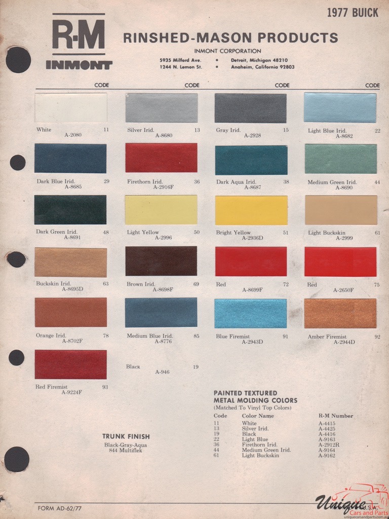 1977 Buick Paint Charts RM 1